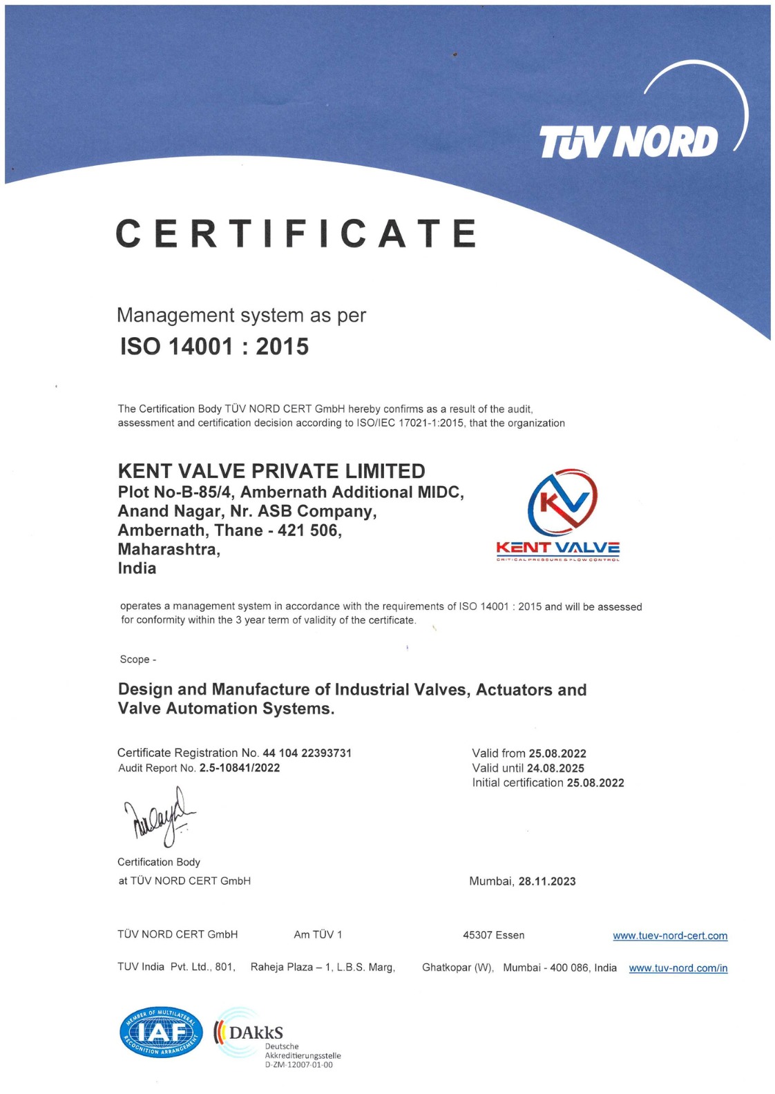Kent Valve Certificate